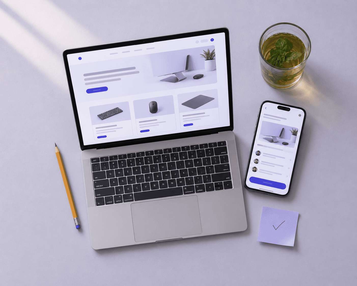 Le même bureau, rangé : un ordinateur portable affiche le site terminé et un téléphone l'application mobile assortie
